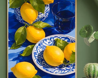 Mediterrane Zitrone Print Italienisches Stillleben - Sommer Küche Poster, Zitrusfrüchte Wand Kunst Dekor