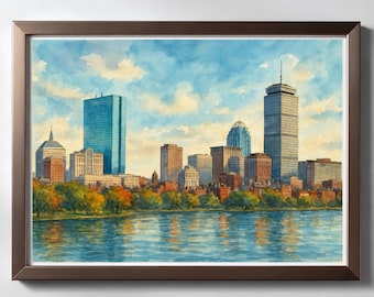 Op de afbeelding: Een ingelijst aquarel van de skyline van Boston met het Prudential Center en de John Hancock Tower. De stadsgebouwen staan tegen een helderblauwe lucht met witte wolken, met een waterpartij en bomen op de voorgrond van het schilderij.
