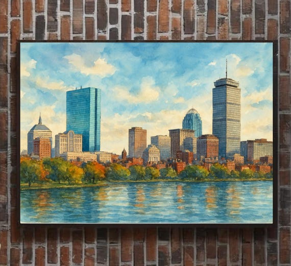 Boston Skyline Watercolor Wall Art Print - Rolled Poster Cityscape Massachusetts Wall Decor