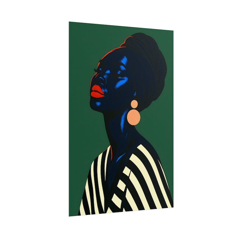 May include: A striking art print featuring a stylized portrait of a person with dark skin, red lips, and orange earrings. The person is wearing a black and white striped top and a black head wrap. The background is a solid dark green.