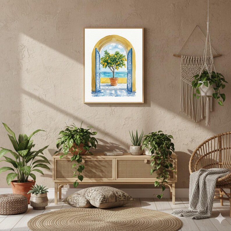 Amalfi Coast Watercolor Poster Lemon Tree - Italian Coastal Ocean Wall ...