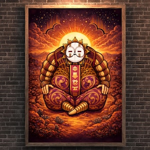 May include: A framed art print featuring a seated figure in a meditative pose. The figure is adorned in ornate robes with a mask-like face, set against a backdrop of a radiant sun and a celestial sky. The color palette is dominated by warm tones of gold, red, and purple.