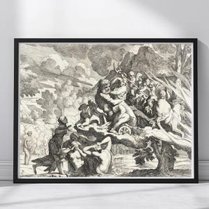 Może przedstawiać: Czarno-biały wydruk grafiki liniowej przedstawiający scenę mitologiczną z centralną postacią trzymającą trójząb w rydwanie ciągniętym przez konie, otoczoną różnymi postaciami w krajobrazie z drzewami, chmurami i skalistym terenem w ramie.