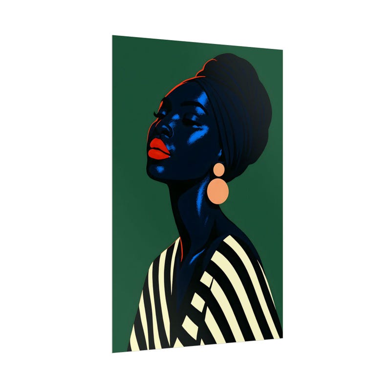 May include: A striking art print featuring a stylized portrait of a person with dark skin, wearing a black head wrap and large orange earrings. The person's lips are bright red, and the top is striped black and white, set against a green background.