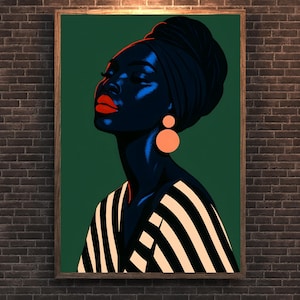 以下が含まれることがあります： 女性の様式化された肖像画が描かれた、額入りのアートプリント。 女性は肌が黒く、赤い唇をしており、黒いヘッドラップとストライプのトップスを着ています。 背景は緑色で、オレンジ色のイヤリングをしています。