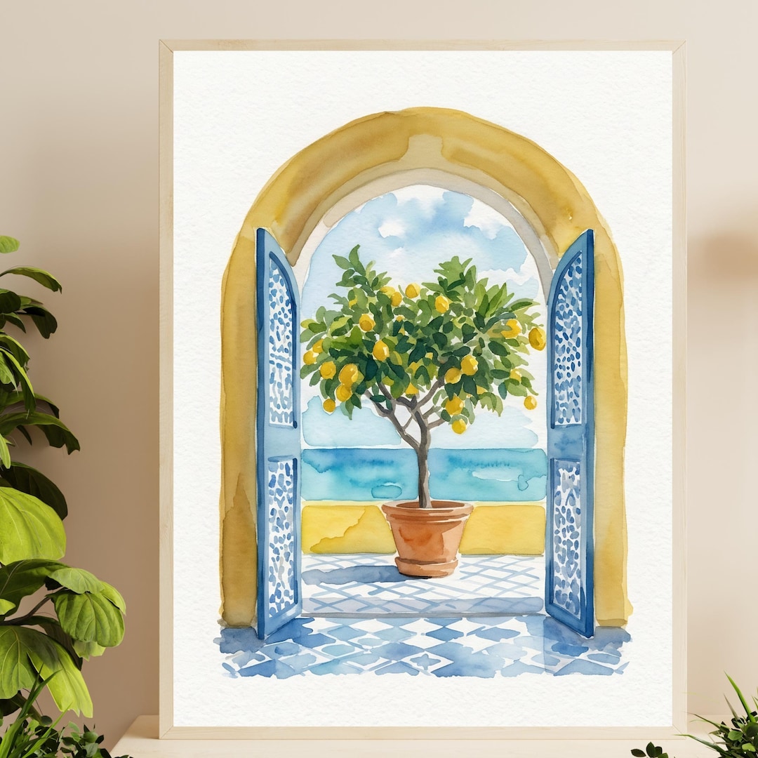 Amalfi Coast Watercolor Poster Lemon Tree - Italian Coastal Ocean Wall ...