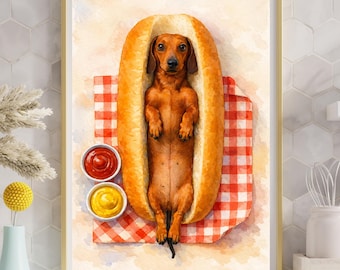 Dackel Hot-Dog Wall Art Print – Lustiges & süßes Geschenk für Dackel- und Hundefans, gerolltes Poster