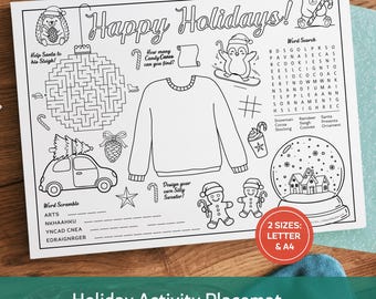 Holiday Activity Placemat, Christmas Coloring Sheet for Kids, Printable Placemat