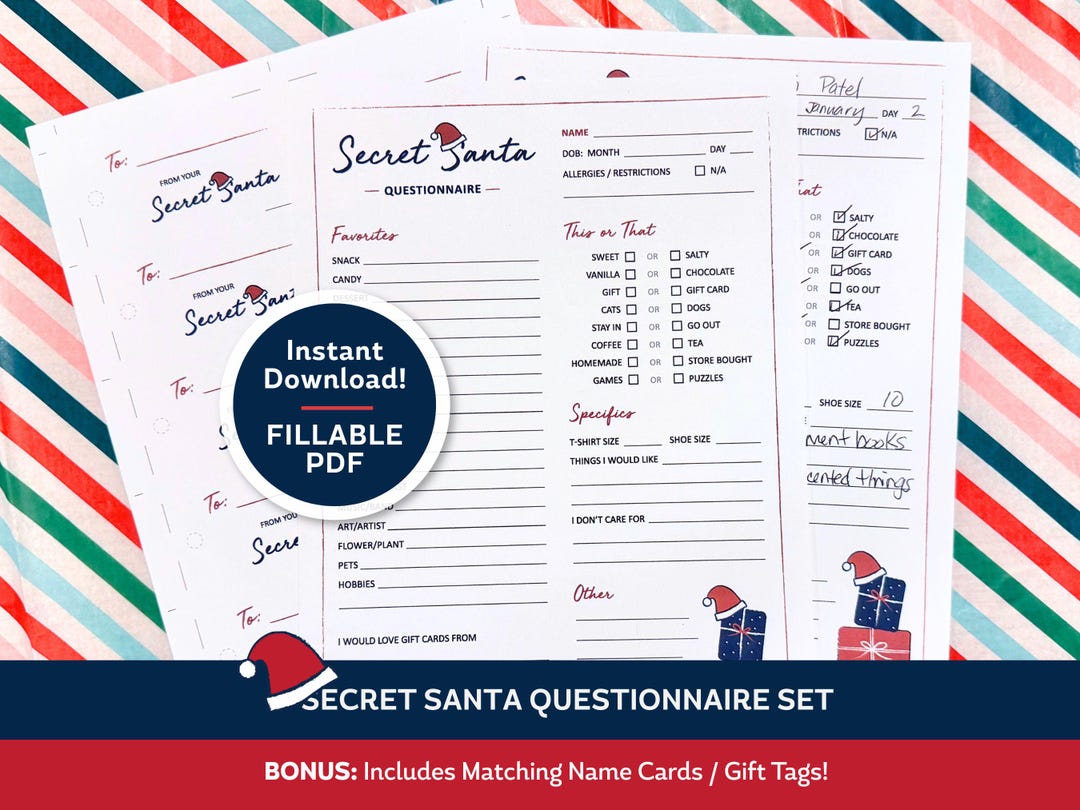 Draw Names Questionnaire Secret Santa Questionnaire, Holiday Wishlist, & Name Draw Cards/gift ...