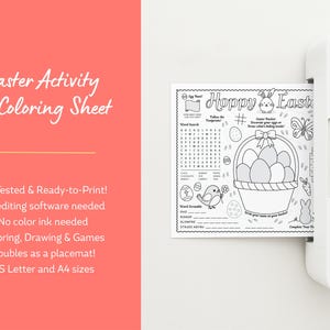 Easter Activity Sheet, Easter Coloring Sheet for Kids, Printable Placemat. Images shows activity sheet being printed out in US Letter size.