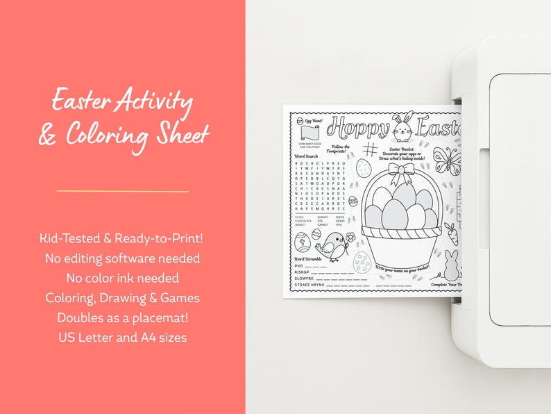Easter Activity Sheet, Easter Coloring Sheet for Kids, Printable Placemat. Images shows activity sheet being printed out in US Letter size.