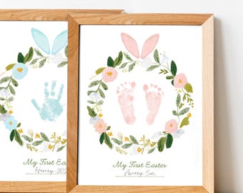 My First Easter Footprint/Handprint Bunny Wreath Printable, Baby Easter Keepsake