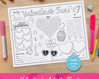 Valentine Activity Sheet, Valentine's Coloring Sheet for Kids, Printable Placemat