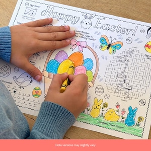 Easter Activity Sheet, Easter Coloring Sheet for Kids, Printable Placemat. Images shows boy coloring and completing the activity sheet with crayons.