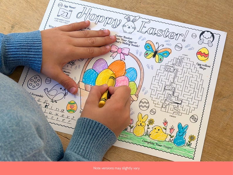 Easter Activity Sheet, Easter Coloring Sheet for Kids, Printable Placemat. Images shows boy coloring and completing the activity sheet with crayons.