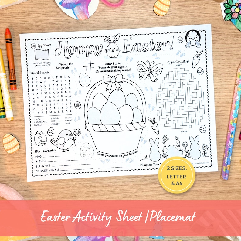 Easter Activity Sheet, Easter Coloring Sheet for Kids, Printable Placemat. Images shows activity sheet printed out in Letter size, ready to complete and color.