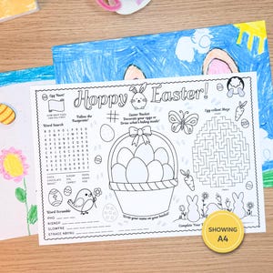 Easter Activity Sheet, Easter Coloring Sheet for Kids, Printable Placemat. Images shows activity sheet printed out in A4 size, ready to complete and color.
