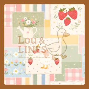 May include: A patchwork design featuring a duck, strawberries, and flowers. The design includes a watering can filled with flowers, a duck with a strawberry, and three strawberries. The text "Lou & LINES" is overlaid on the design.