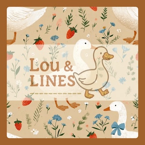May include: A square illustration with a beige background featuring a pattern of strawberries, blue flowers, and green leaves. The image includes the text "Lou & LINES" and illustrations of geese and a duck.