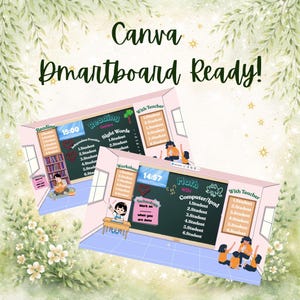 Op de afbeelding: Digitale klaslokaalsjablonen met de tekst "Canva Dmartboard Ready!". De sjablonen bevatten illustraties van klaslokalen met leerlingen, schoolborden en de woorden "Reading" en "Math". De afbeelding heeft een zacht pastelkleurenschema.