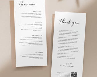 Wedding Menu and Thank You Card Bundle Editable in Canva Printable Minimal Modern 4x9 in Reception Stationery Set Template