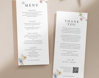 Floral Wedding Menu and Thank You Card Bundle Editable in Canva Printable Watercolor 4x9 in Minimal Reception Stationery Set Template