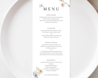 Floral Wedding Menu Template Editable in Canva Printable Minimal Watercolor Flower Design 4x9 in Dinner Menu Card