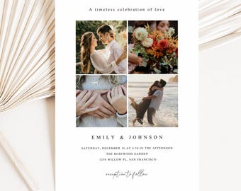 Photo Wedding Invitation Editable in Canva Printable Modern Minimal 4 Photo Collage 5x7 in Template