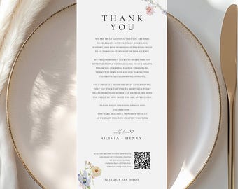 Floral Wedding Thank You Card Template Editable in Canva Printable Minimal Watercolor QR Code Photo Sharing 4x9 in Reception Note