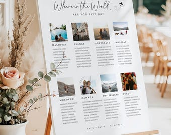 Editable Wedding Seating Chart Sign Canva Template Travel Theme Photo Seating Plan 18x24 24x36 Printable