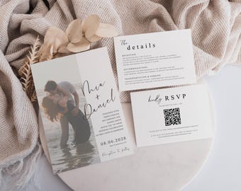 Minimalist Wedding Invitation Suite Editable in Canva Photo Invitation Set Printable Wedding Bundle Modern RSVP and Details Card