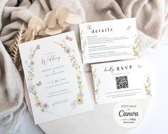 Floral Wedding Invitation Suite Editable Canva Wedding Invitation RSVP Details Card Garden Wedding Invite Printable