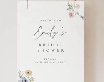 Floral Bridal Shower Welcome Sign Editable in Canva Printable Minimal Botanical Watercolor Decor 18x24 in 24x36 in Template