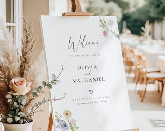 Floral Wedding Welcome Sign Template Editable in Canva Printable Modern Minimal Design 18x24 24x36 Wedding Sign
