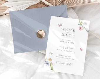 Editable Save the Date Template 5x7 Butterfly Floral Save the Date Canva Printable Modern Minimal Wedding