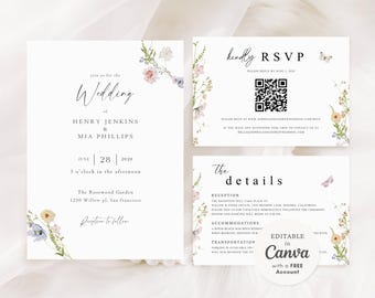 Floral Wedding Invitation Suite Editable Canva Invitation with RSVP and Details Card Printable