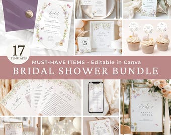Floral Bridal Shower Bundle Editable in Canva Elegant Minimal 17 Templates Printable Instant Download