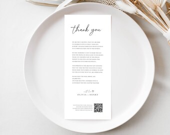 Minimal Wedding Thank You Card Template Editable in Canva Printable Modern QR Code Photo Sharing 4x9 in Reception Thank You Note