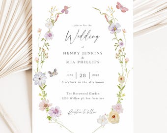 Editable Wedding Invitation Template 5x7 Floral Wedding Invite Canva Printable Modern Minimal Invitation