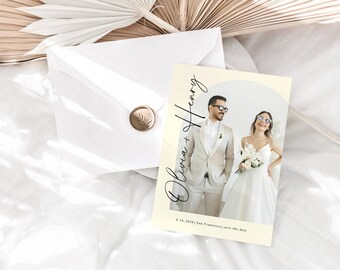 Save the Date Photo Template Editable in Canva 5x7 Modern Script Wedding Save Our Date Printable