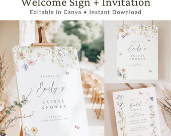 Editable Bridal Shower Welcome Sign and Invitation Set Canva Template Floral Bridal Shower Decor