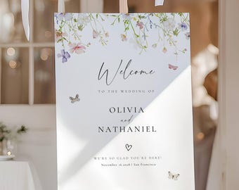 Floral Wedding Welcome Sign Editable in Canva Printable Butterfly Watercolor Decor 18x24 in 24x36 in Wedding Template