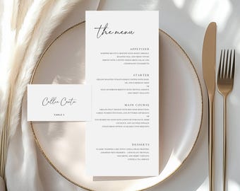 Wedding Menu and Place Card Bundle Editable in Canva Printable Minimal Modern 4x9 in Menu 3.5x2 in Escort Card 3.5x4 in Folded Template Set