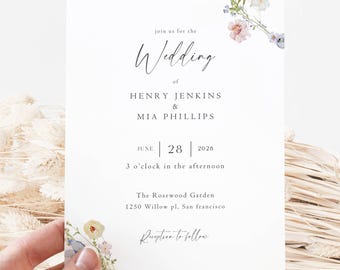 Editable Wedding Invitation Template 5x7 Floral Wedding Invite Canva Printable Modern Minimal Invitation
