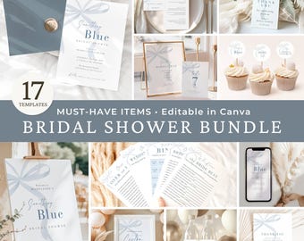 Editable Canva Blue Ribbon Bridal Shower Bundle 17 Editable Templates Something Blue Bridal Shower Decorations Signs Games Invitation Set