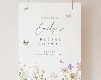 Bridal Shower Welcome Sign Template Editable in Canva 18x24 24x36 Butterfly Floral Poster Instant Download