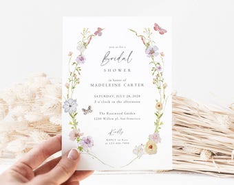 Floral Bridal Shower Invitation Editable Canva Template Butterfly Watercolor Oval Frame 5x7 Printable Instant Download