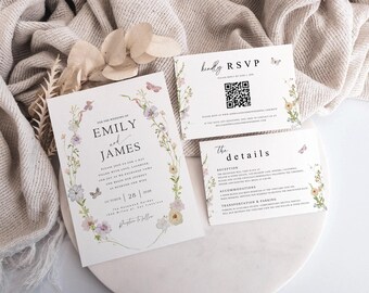 Floral Wedding Invitation RSVP Details Set Editable Canva Template Garden Wedding Suite Printable Romantic Invitation Bundle