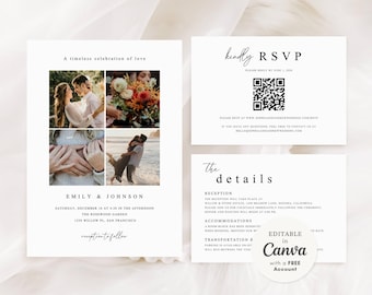 Photo Wedding Invitation Suite Editable in Canva Modern Minimal Wedding Invite RSVP Details Card