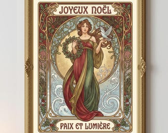 Art Nouveau Christmas Poster • French Joyeux Noël Print • Vintage Holiday Wall Art • Mucha Style Christmas PNG Download